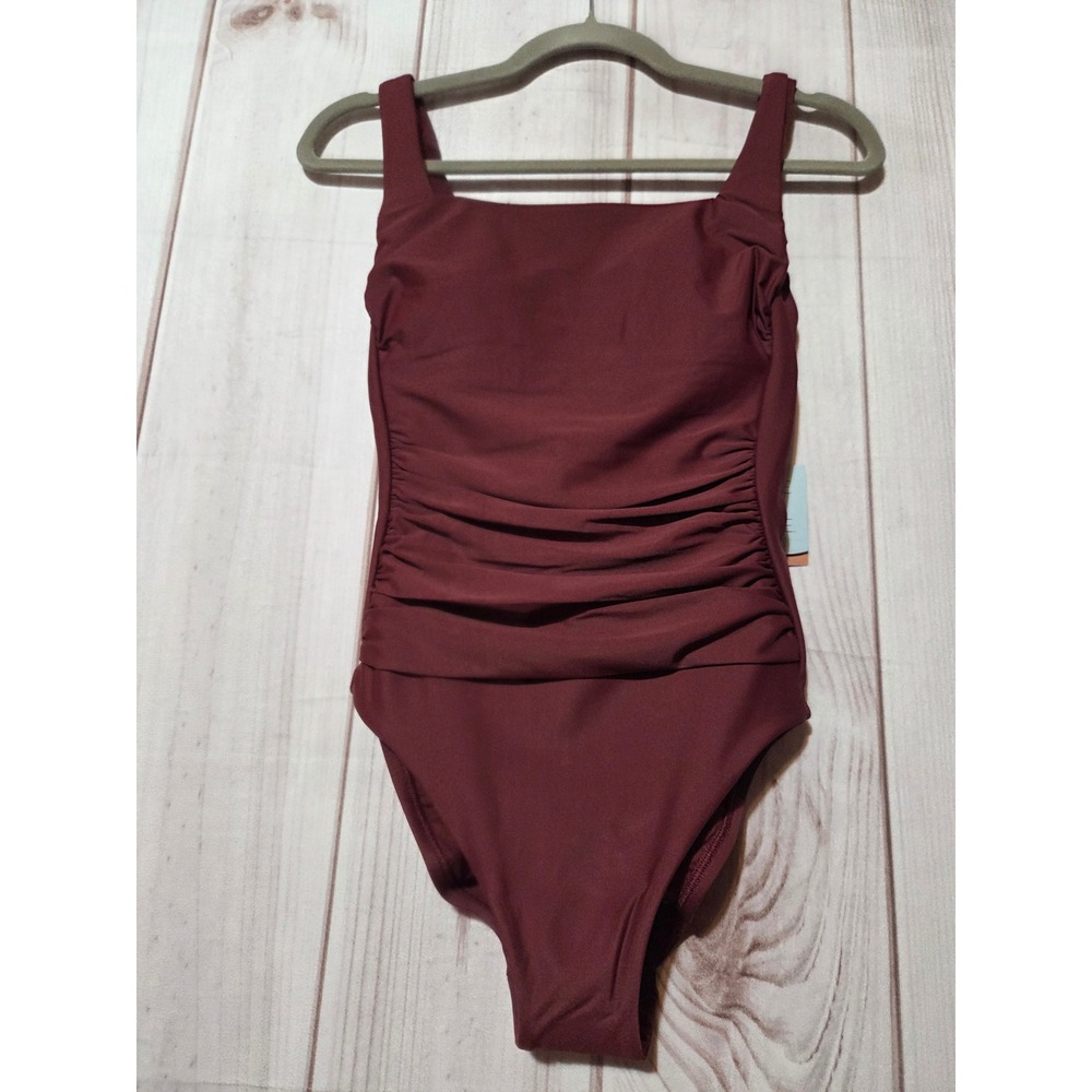 Shade & Shore Women Burgundy Ruched Tummy Control One Piece Swimsuit Size S 4-6